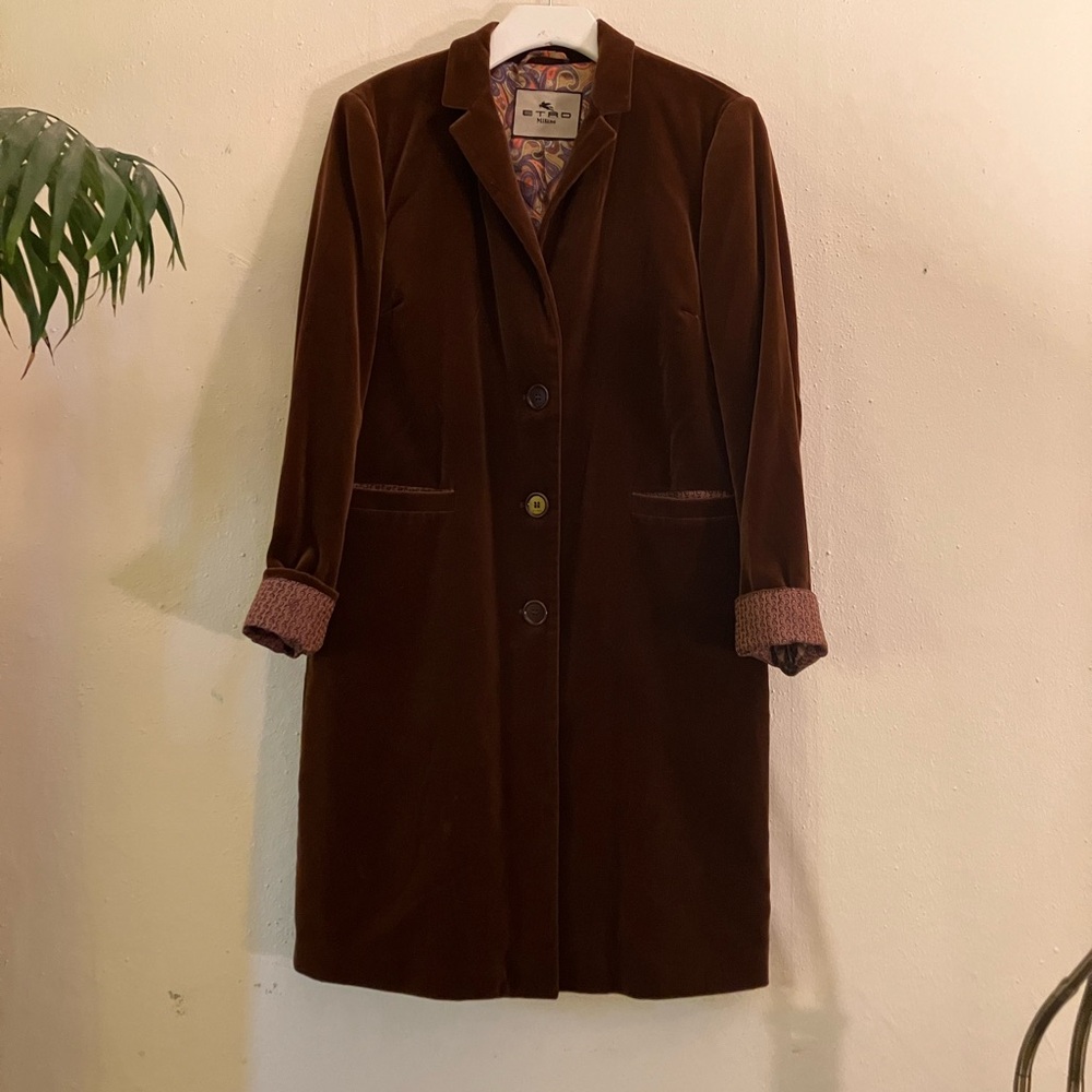 Etro Milano Caramel Brown Velvet Lightweight Coat Elegant Chic